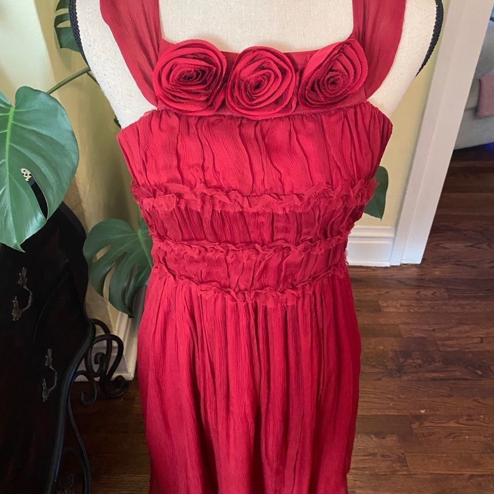 Burlapp Sz 4 💯 Silk Rosette Limed Red Dress - Picture 2 of 13